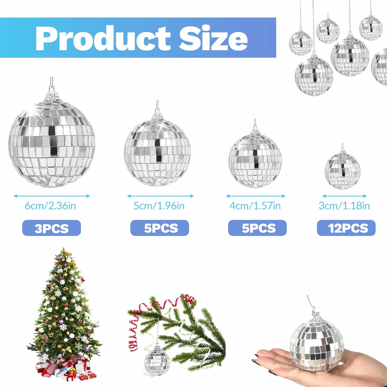 25 sztuk dekoracyjnych kul dyskotekowych, mini kule dyskotekowe, 4 rozmiary, 3 cm, 4 cm, 5 cm, 6 cm, srebrne kule dyskotekowe do zawieszenia na choinkę, wesele, dom, imprezę, przyjęcie urodzinowe
