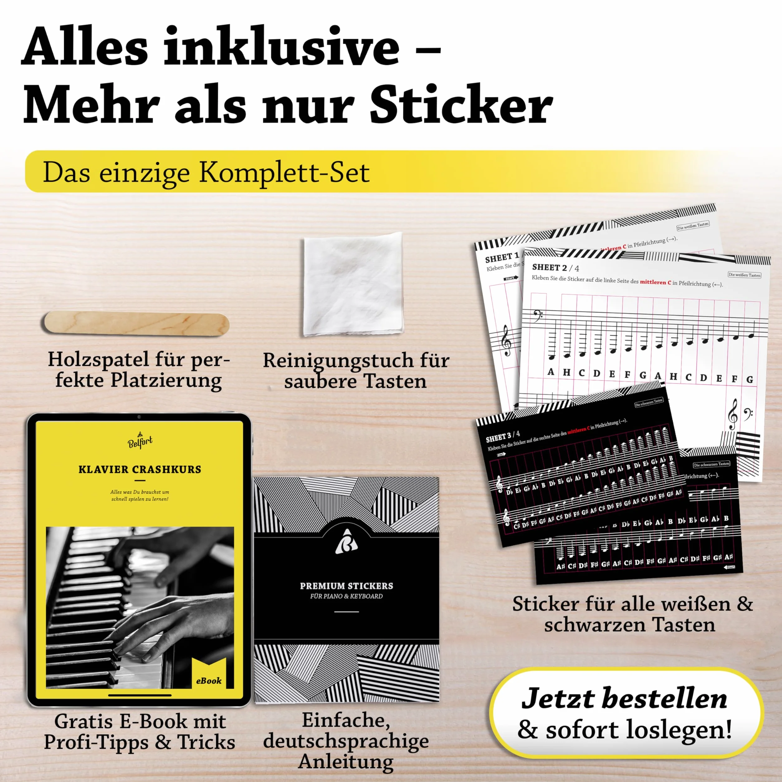 BELFORT® naklejki na klawisze pianina + keyboard na 49, 61, 76, 88 klawiszy + ebook, naklejki na pianino kompletny zestaw do czarnych i białych klawiszy, C-D-E-F-G-A-H, prosta instrukcja w języku niemieckim