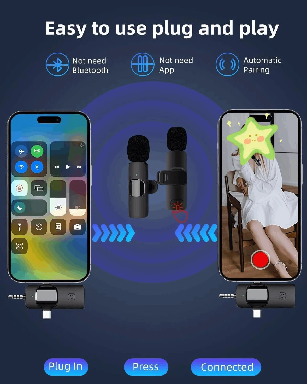 AMOOX Bezprzewodowy mikrofon krawatowy do iPhone'a, kamery, transmisji na żywo, vlogowania, bezprzewodowy dookólny mikrofon z klipsem, mikrofon Plug-Play do wywiadów, wideo, podcastów, vlogów, YouTube