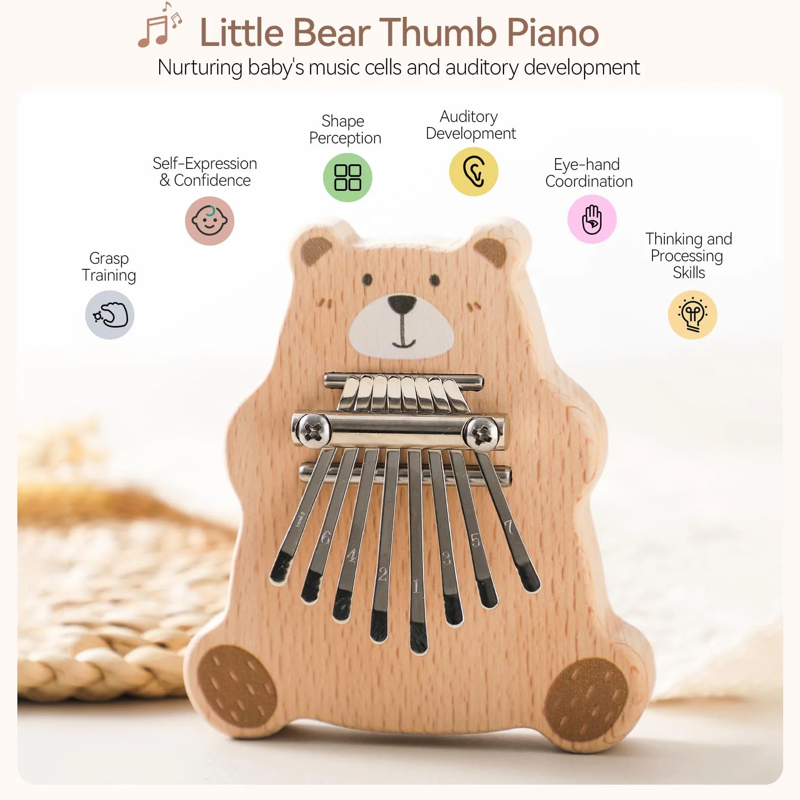 OESSUF Niedźwiedź kalimba, z piosenkami, 8 przycisków, drewniany instrument muzyczny, do gry palcami, prezent dla dzieci i dorosłych, początkujących