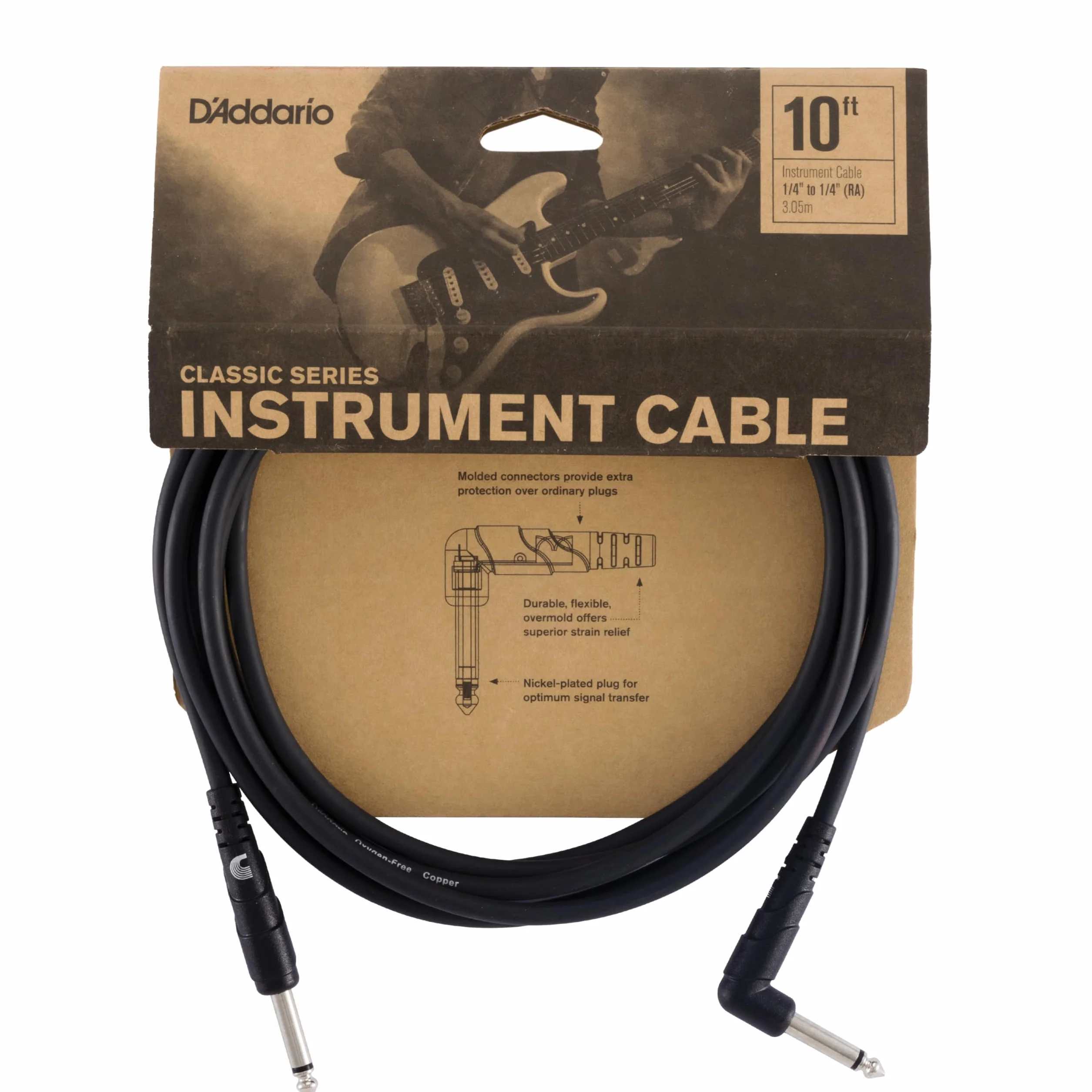D'Addario Kabel gitarowy - przewód gitarowy - 1/4 cala męski do 1/4 cala męski - seria klasyczna - 10 stóp/3,05 m - prosty koniec/kąt prosty - 1 opakowanie