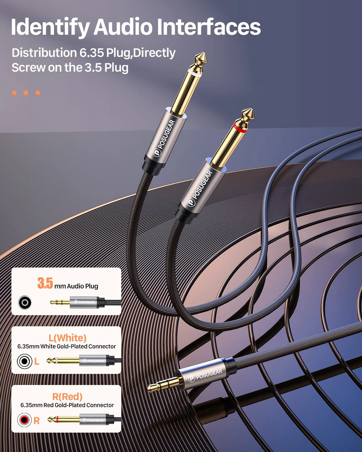 POSUGEAR Kabel audio 3,5 mm na Dual 6,35 mm mono Y 2 m, nylonowy pleciony wtyk jack 6,35 mm na jack 3,5 mm kabel audio rozdzielacz cyfrowy interfejs instrument kabel (szary)