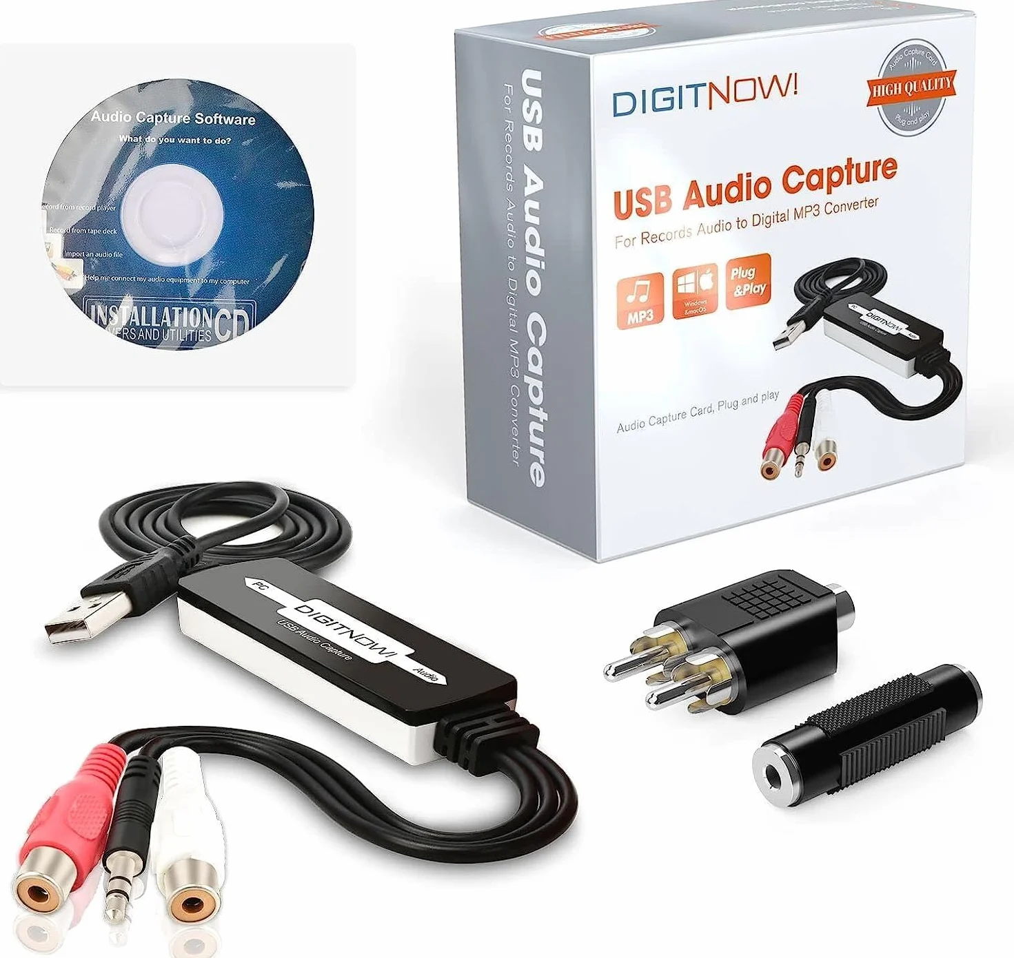 Karta przechwytywania audio USB 2.0 do płyt winylowych, chwytak audio do kaset kasetowych na cyfrowy konwerter MP3 z interfejsem muzycznym stereo RCA/3,5 mm, obsługa Mac i Windows 7/8/10/XP