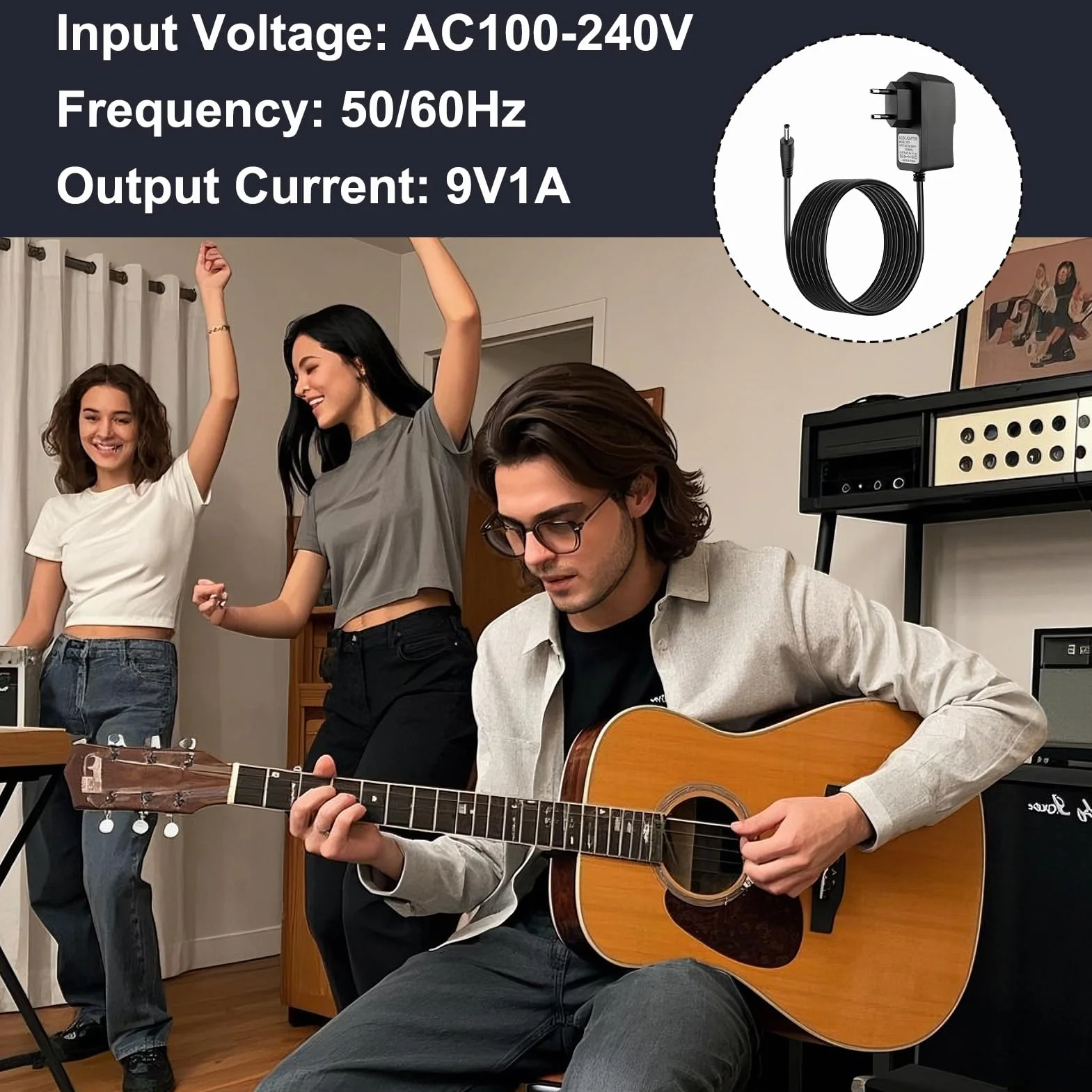 9V 1A Zasilacz do pedału gitarowego, ładowarka kompatybilna z Boss, Roland, Casio, Digitech, MXR, Behringer i innymi pedałami efektów, ładowarka ścienna 2m złącze 5,5 mm x 2,1 mm