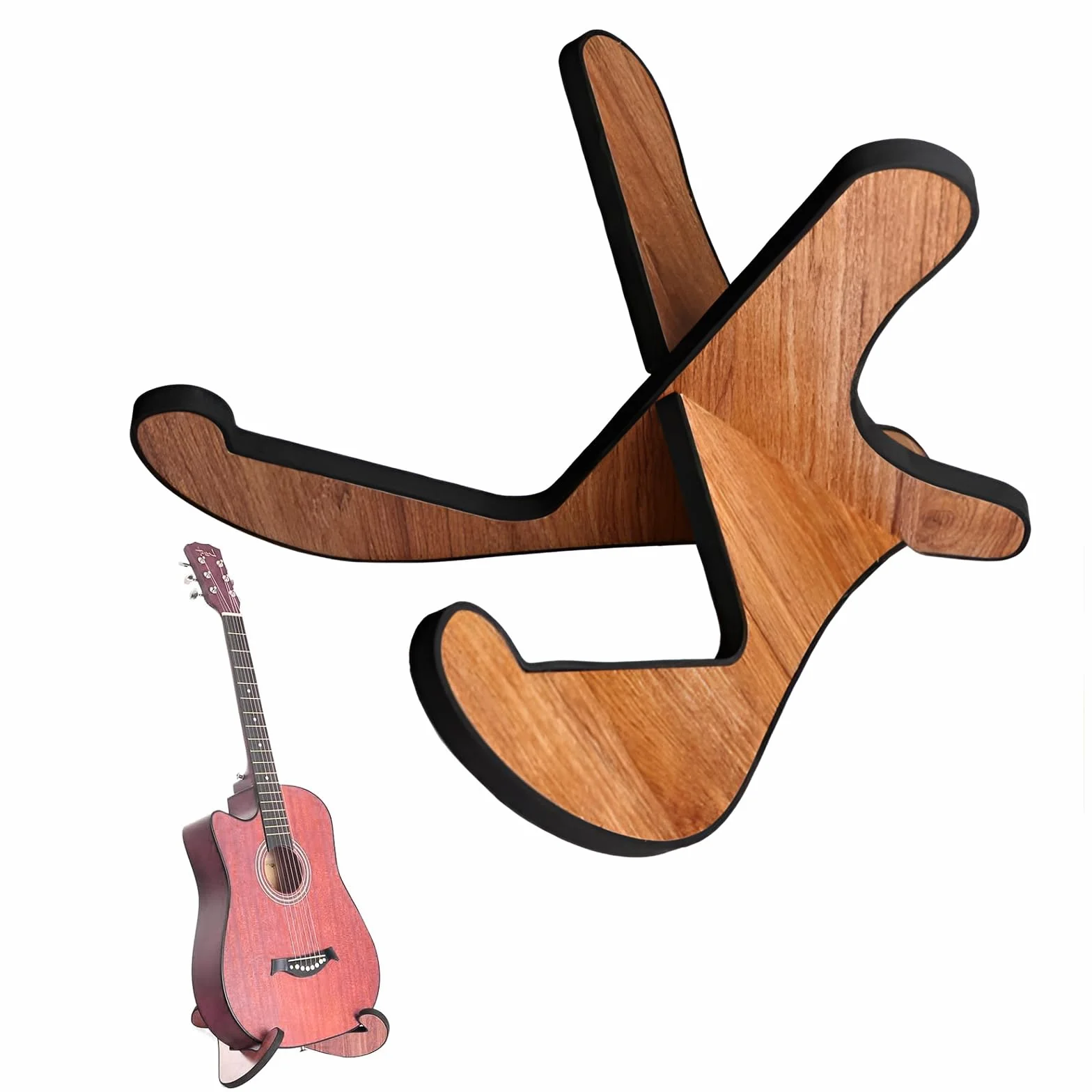 ACONDE Drewniany stojak na gitarę, przenośny, składany stelaż w kształcie litery X, uniwersalny antypoślizgowy stojak na gitarę z miękkimi skórzanymi krawędziami, do gitary akustycznej, elektrycznej i