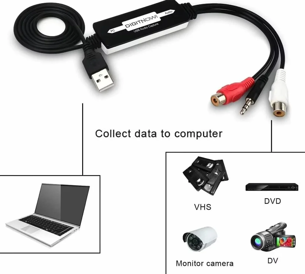 Karta przechwytywania audio USB 2.0 do płyt winylowych, chwytak audio do kaset kasetowych na cyfrowy konwerter MP3 z interfejsem muzycznym stereo RCA/3,5 mm, obsługa Mac i Windows 7/8/10/XP