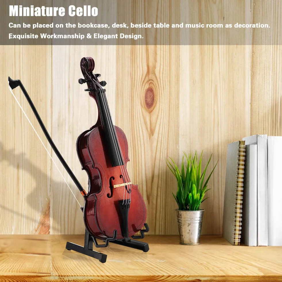 14 cm mini drewniany instrument wiolonczelowy model ozdoby ze stojakiem i etui, znakomite wykonanie, idealny dla dzieci lub przyjaciół muzyka