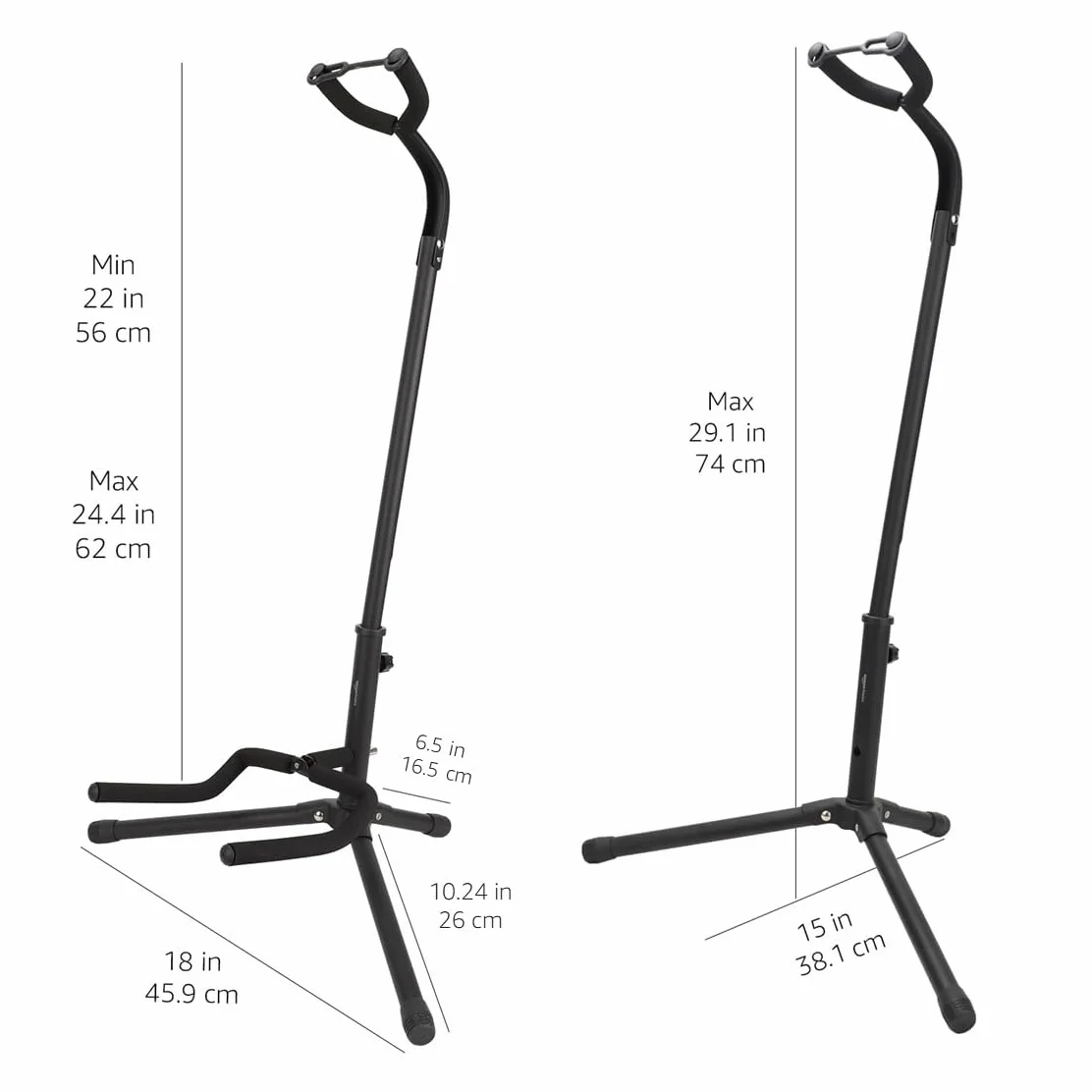 Amazon Basics – regulowany składany stojak na gitarę z uchwytem na gryf do gitar akustycznych, elektrycznych, basowych, banjo i 26-calowych ukulele, żelazna rama z miękką gumową wyściółką, czarny.