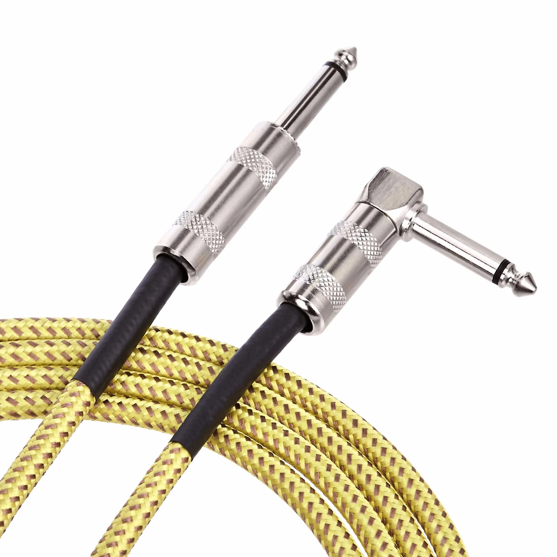 Amazon Basics – kabel pomocniczy do gitary elektrycznej, basu, instrumentów klawiszowych, pleciony, kątowy wtyk 6,35 mm, bezszumowy, 3 m, żółto-brązowy.