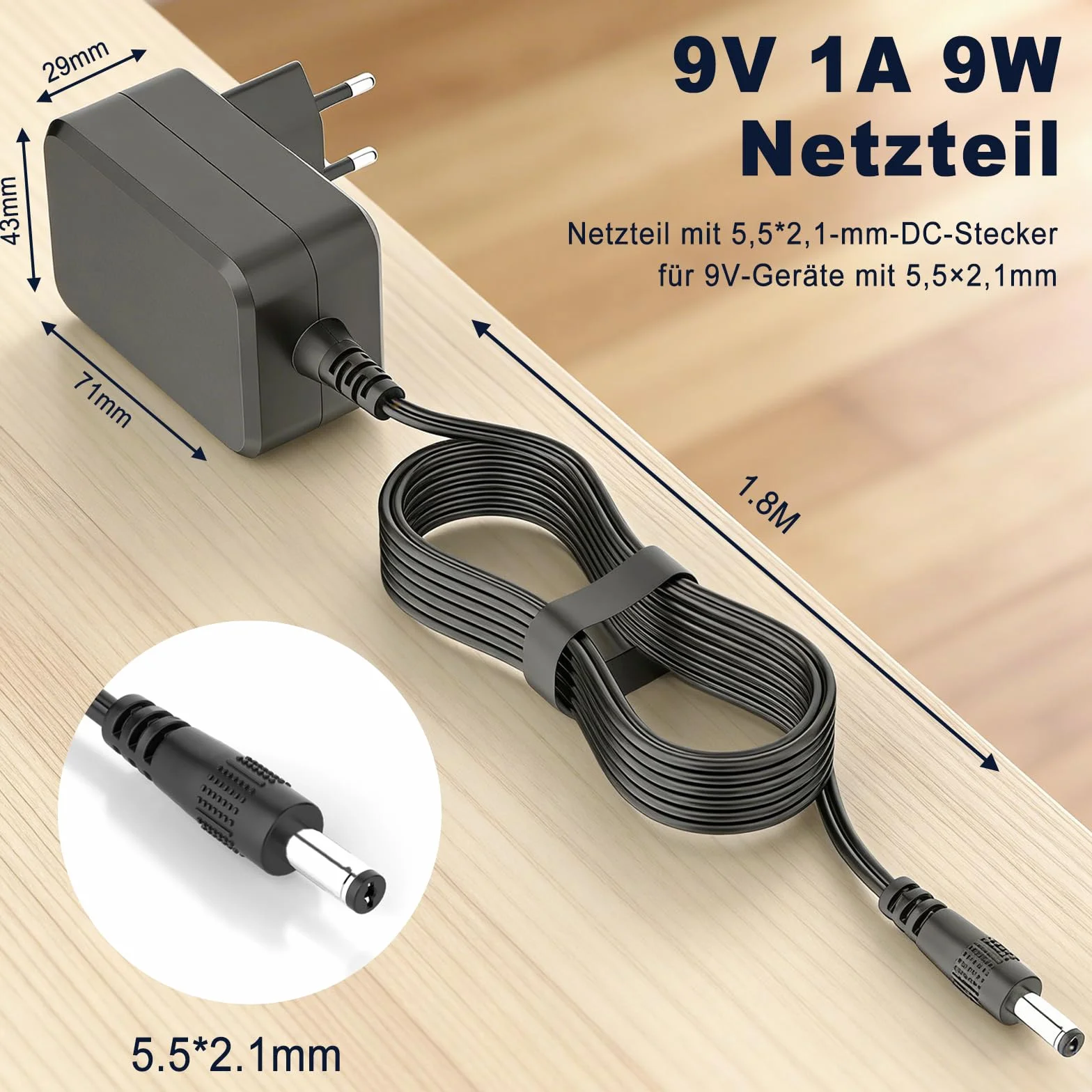 9 V 1 A zasilacz do pedałów gitarowych – 5,5 × 2,1 mm DC, kabel 1,8 m, wtyczka UE 100–240 V, kompatybilny z BOSS PSA-120S, Casio Keyboard, Zoom, Roland – niski poziom hałasu i ochrona