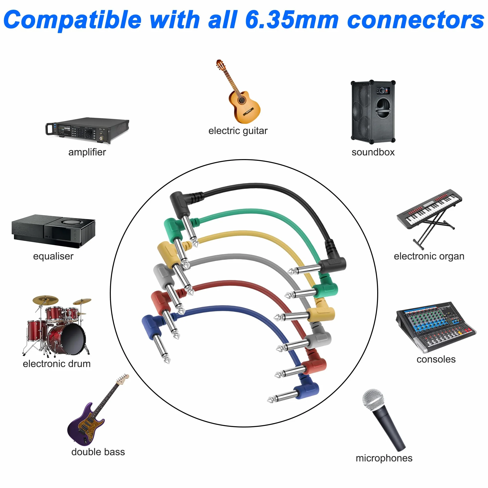 XMSJSIY Gitara Patch Kabel Efekt Cord 6,35 mm 1/4 cala TS Wtyczka do wtyczki prawy kąt Wtyczka Kabel pomocniczy do instrumentu gitary basowej - 6 opakowań - 25 cm / 9,84 cala