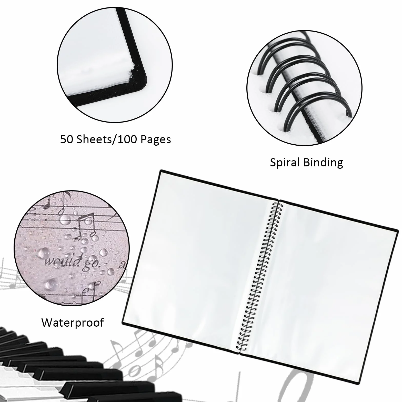 Teczka na nuty A4 - Wodoodporna plastikowa teczka chóralna 50 kieszeni/100 stron duża pojemność organizer na nuty odpowiedni do pianina gitary skrzypiec nut dokumentów zdjęć dzieł sztuki (czarna)
