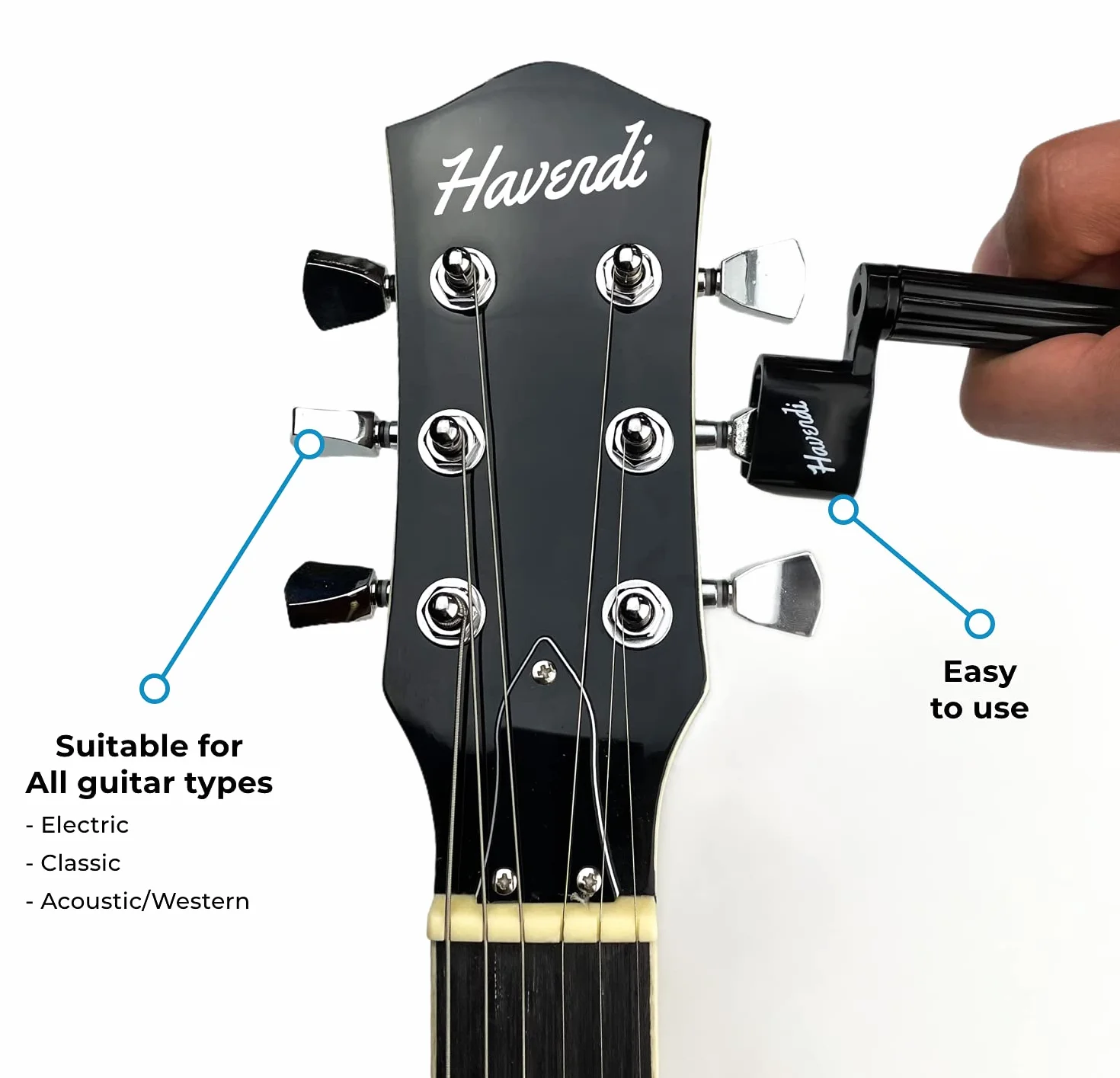 HAVENDI® Korba strunowa premium z 3 kostkami i ściereczką do czyszczenia gitary | wrzeciono do szybszej wymiany strun. Gitara westernowa, gitara akustyczna akumulatorowa, gitara koncertowa i gitara elektryczna