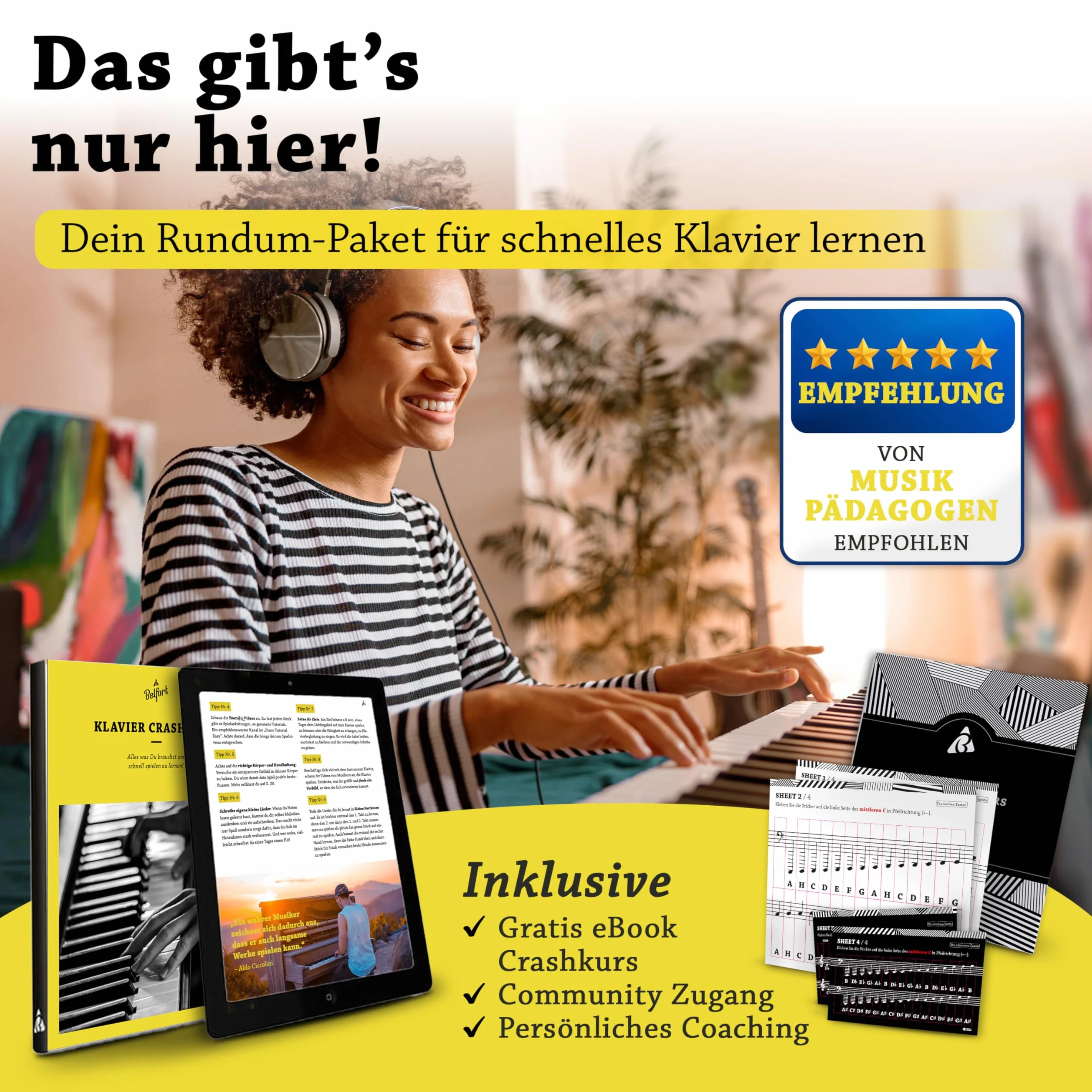 BELFORT® naklejki na klawisze pianina + keyboard na 49, 61, 76, 88 klawiszy + ebook, naklejki na pianino kompletny zestaw do czarnych i białych klawiszy, C-D-E-F-G-A-H, prosta instrukcja w języku niemieckim