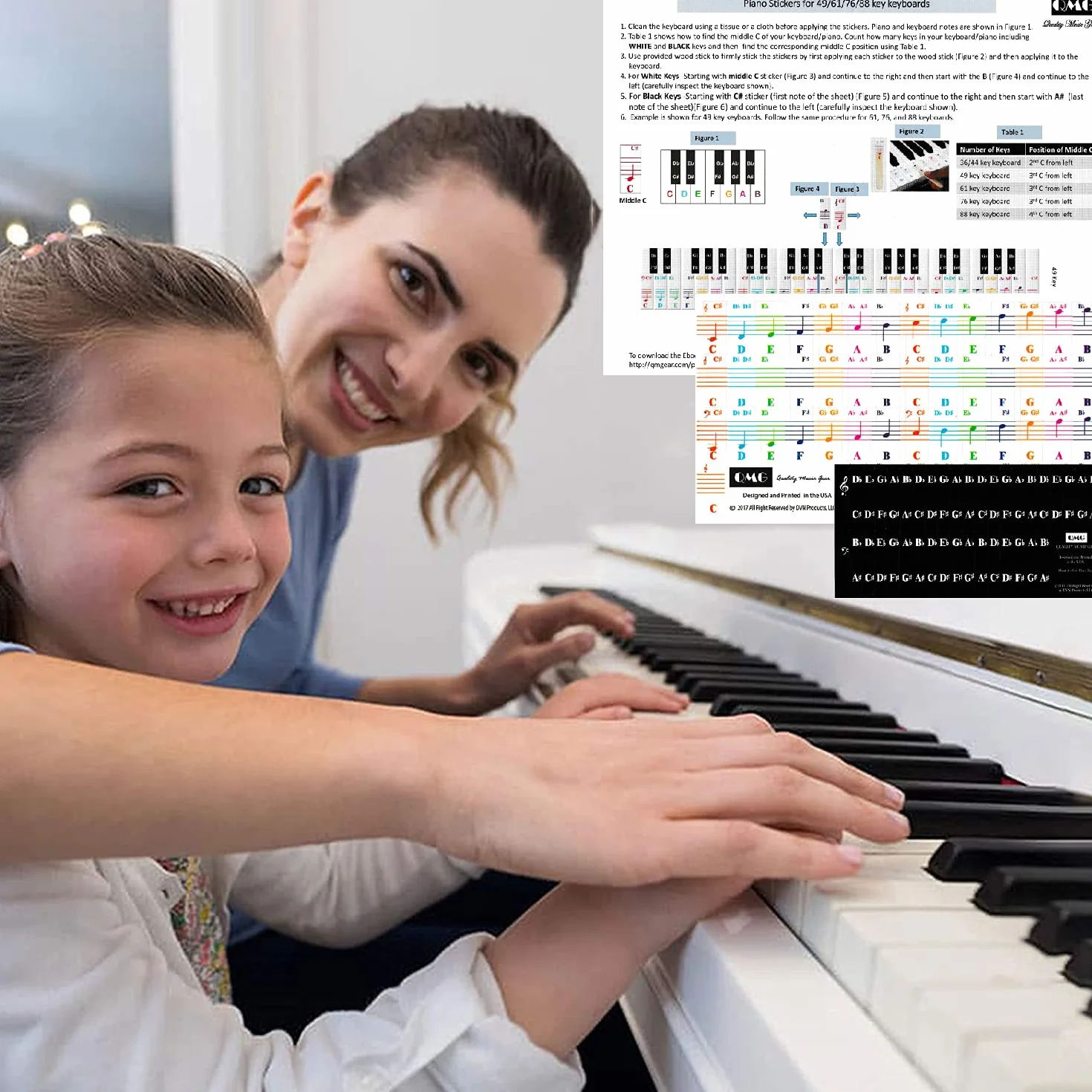QMG Naklejki fortepianowe na klucze, kolorowe naklejki na klawiaturę fortepianową na klawiaturze 49/61/76/88 klawisze białe i czarne klawisze, zdejmowane, dzieci uczą się fortepian, bez liści
