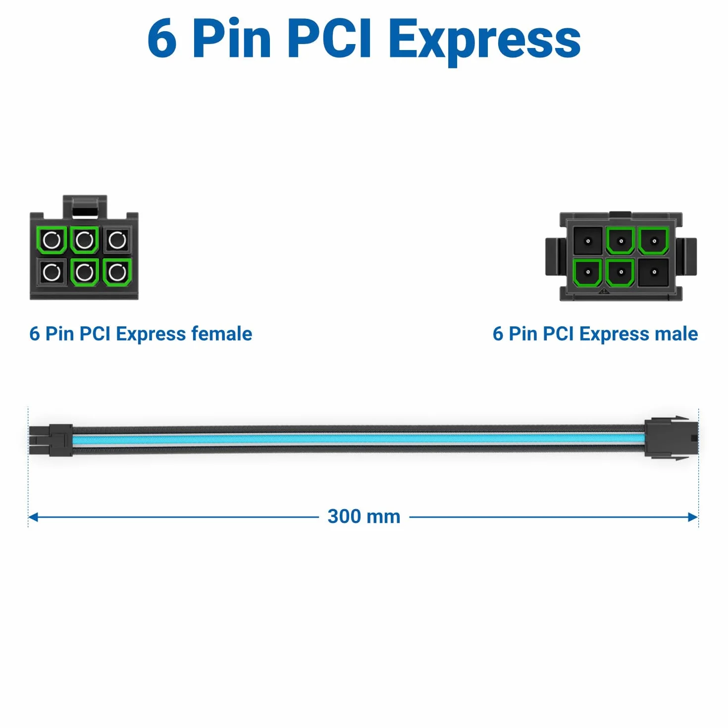 deleyCON 6 Pin PCI Express Karta Graficzna GPU Kabel Zasilający Przedłużacz 30cm - 18 AWG Zasilacz Komputerowy PC Nylonowa Wtyczka do Gniazda - Czarno-Niebieski