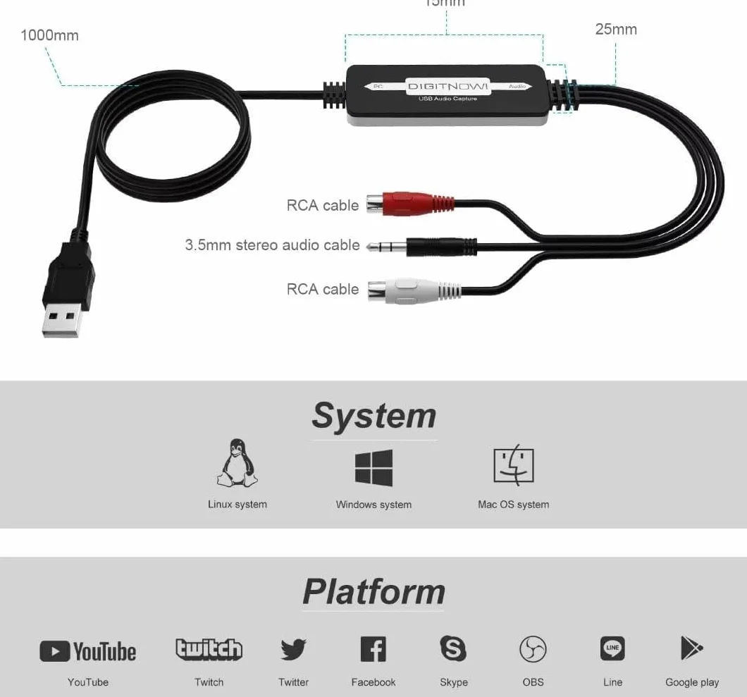 Karta przechwytywania audio USB 2.0 do płyt winylowych, chwytak audio do kaset kasetowych na cyfrowy konwerter MP3 z interfejsem muzycznym stereo RCA/3,5 mm, obsługa Mac i Windows 7/8/10/XP