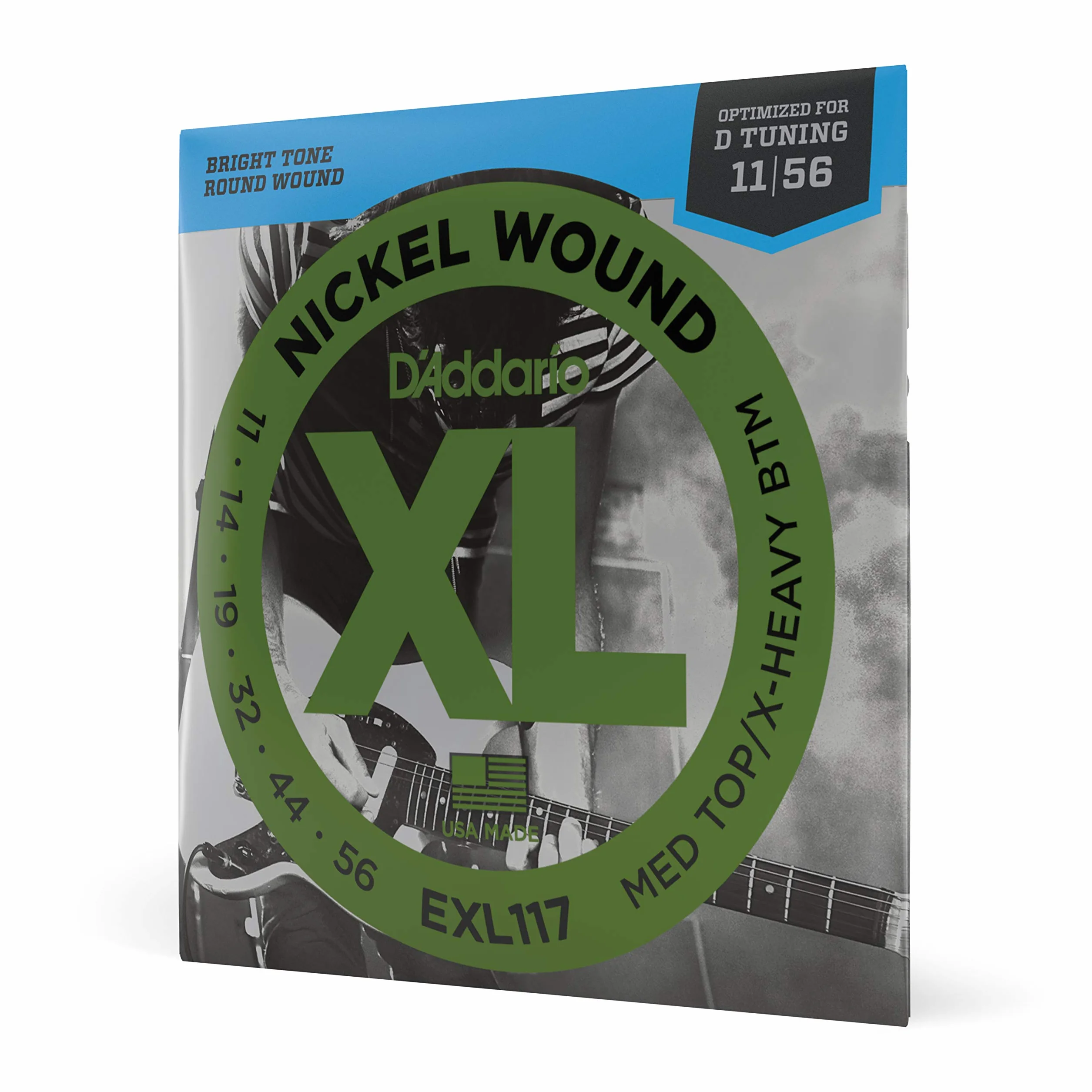 Struny do gitary elektrycznej D'Addario EXL117 Nickel Wound, średnia góra/bardzo ciężki dół, 11-56