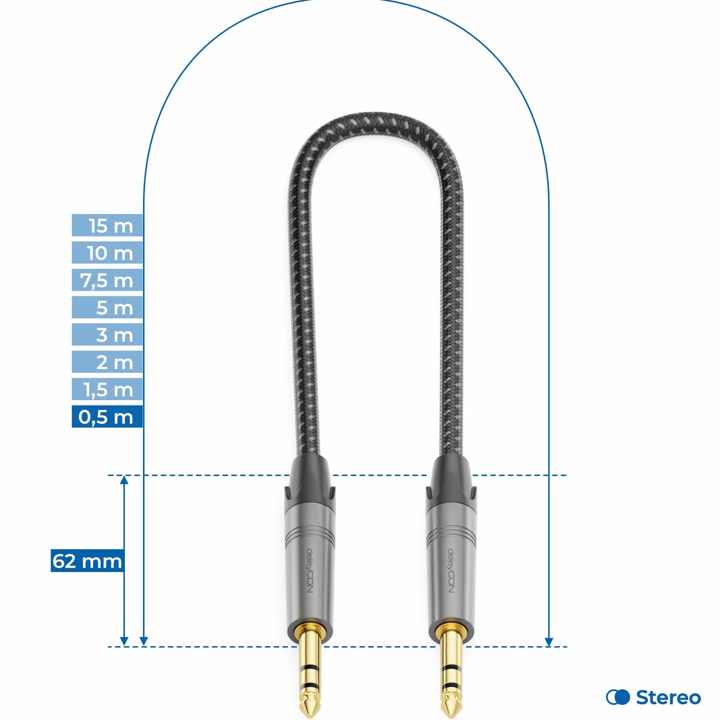 deleyCON 0,5m Kabel Instrumentalny Jack 6,35 mm na 6,35 mm Jack TRS (Stereo) AUX - Jakość Studyjna - z Czystej Miedzi OFC (AWG24) - do Wzmacniacza Miksera Gitary Elektrycznej Basu Klawiatury