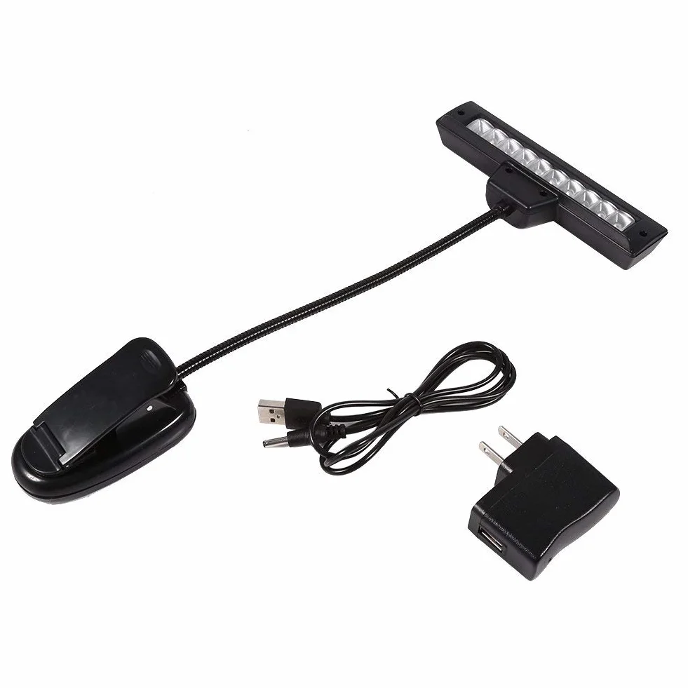 Przypinana na Stojak na Nuty z przenośną 10 Diodami LED, Lampka do Czytania na Biurko w Sypialni do Stojaków na Nuty (Mały klips na baterię 10 lampek z USB + zasilacz)