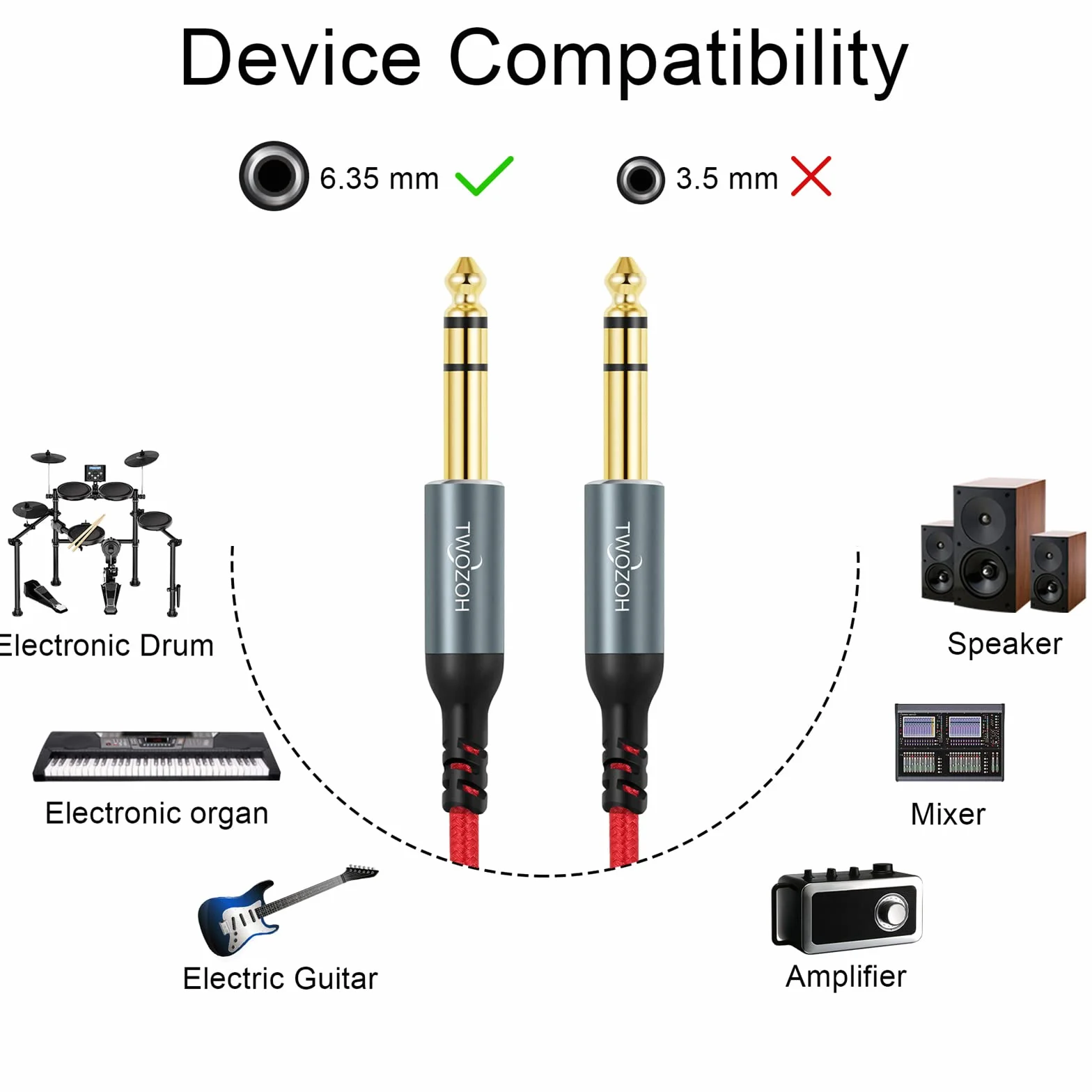 Twozoh 1/4 cala do 1/4 cala Jack zrównoważony kabel audio stereo TRS, 6,35 mm do 6,35 mm kabel gitarowy 1,5M (Profesional/Hifi)